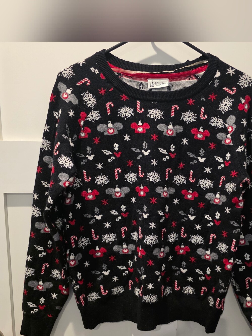 Disney Parks “Ugly” Christmas Sweater Sz M Black Mickey Ears Ornaments Holiday